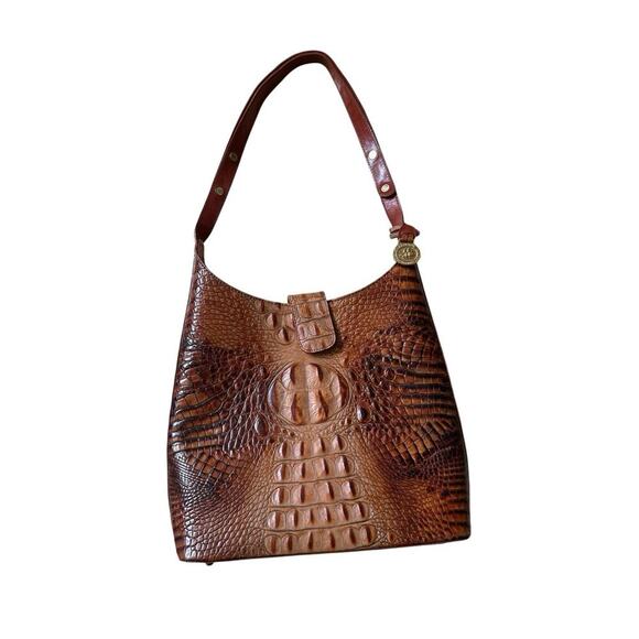 VTG Brahmin Toasted Almond Square Croc Leather Adjustable Boho Shoulderbag - Picture 1 of 11